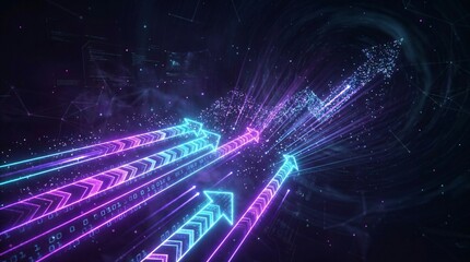 Fototapeta premium Dynamic financial concept showing multiple glowing neon purple and cyan translucent arrows shooting diagonally upwards into dark abyss.