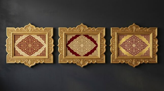 Islamic textile frames mounted on dark wall with gold filigree and sharp focus for luxury hotel interior design marketing