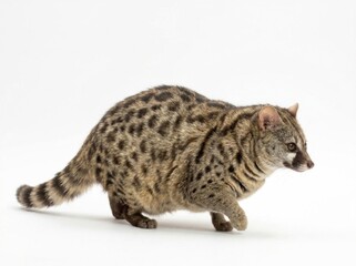 Obraz premium Common genet walking in profile on white studio background with sharp focus and bright lighting for zoology education and wildlife marketing