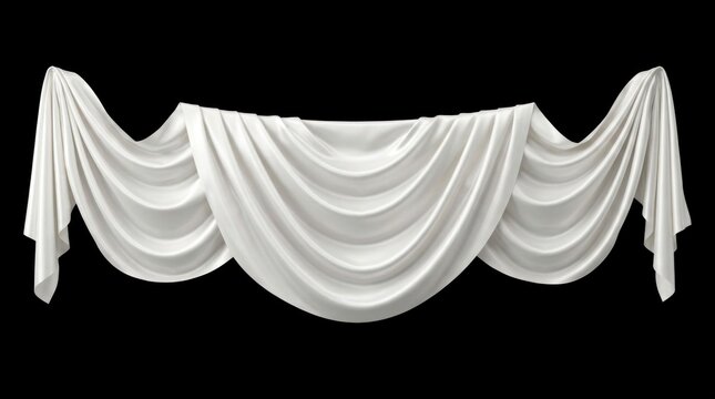 White silk fabric draped in elegant swags on black background with studio lighting for luxury event decoration marketing
