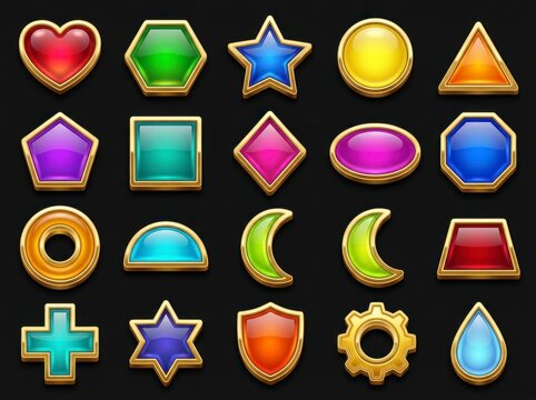 Glossy jewel interface icons with gold frames arranged on a black background in sharp macro focus for mobile game app development