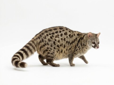 Common genet posing on white studio background with sharp focus and ringed tail detail for wildlife education and zoology textbooks
