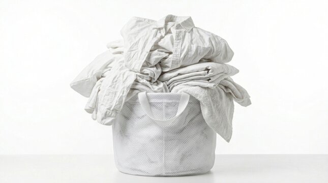 Woven hamper piled with white garments against a bright backdrop in sharp high-key photography for domestic hygiene and housekeeping marketing