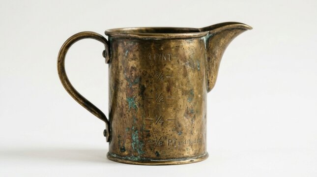 Antique brass pitcher with weathered patina on white background in sharp macro focus for vintage kitchenware marketing