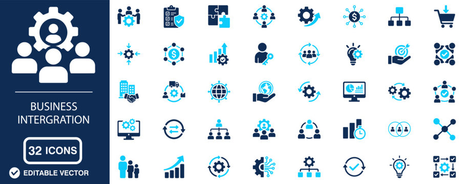 Business Integration and Workflow Automation Line Icon Set with System Connectivity, Process Optimization, Data Synchronization and Enterprise Operations Vector Symbols