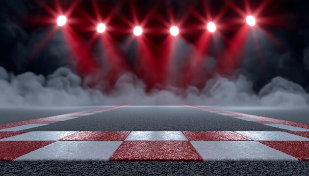 Red spotlights shine down over misty asphalt. Checkered finish line pulses with racing excitement. Smoke swirls below, adding dramatic tension. Perfect for motorsport events or adrenaline moments