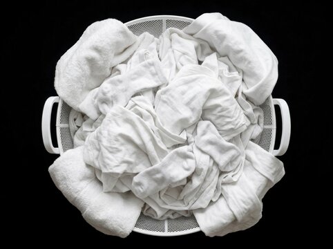White linens filling laundry basket on black backdrop with top-down composition for domestic cleaning service marketing