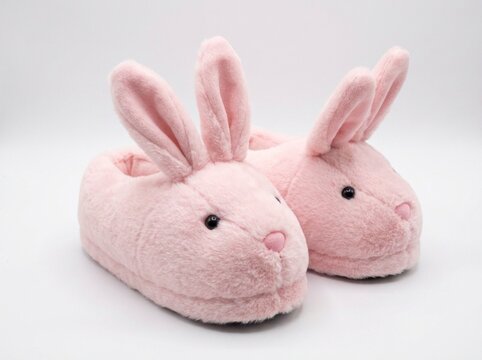 Pink bunny slippers resting on a white studio background with plush texture and sharp focus for loungewear retail advertising