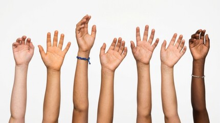 Multicultural arms gesturing upward against a white background with clean studio lighting for humanitarian aid and social outreach campaigns