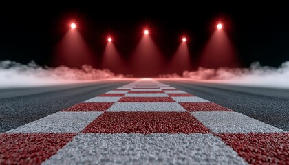 Naklejka premium Red and white checkered track stretches into darkness. Spotlights shine down, casting a dramatic glow. Smoke drifts softly along the edges. The road leads toward the finish line's anticipation
