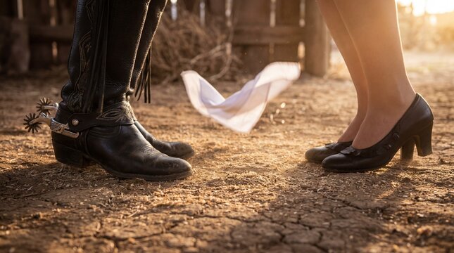Close-up of a couple's feet dancing the cueca, a traditional Chilean dance, on a dirt floor with a waving handkerchief. The scene is bathed in warm light at sunset, creating a rural and festive atmosp