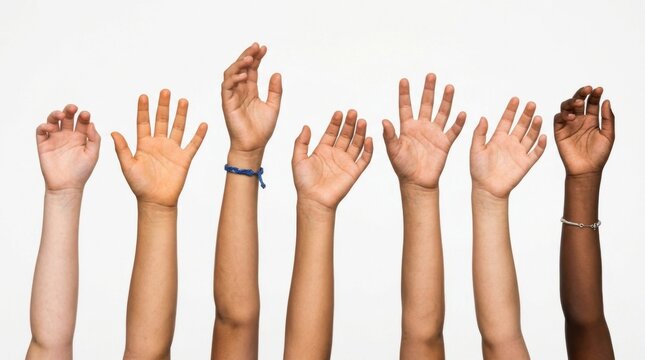 Multicultural arms gesturing upward against a white background with clean studio lighting for humanitarian aid and social outreach campaigns