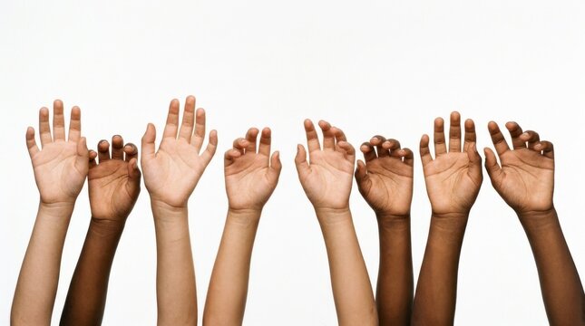 Multicultural youth hands reaching upward in studio light on white background for global diversity and nonprofit advertising