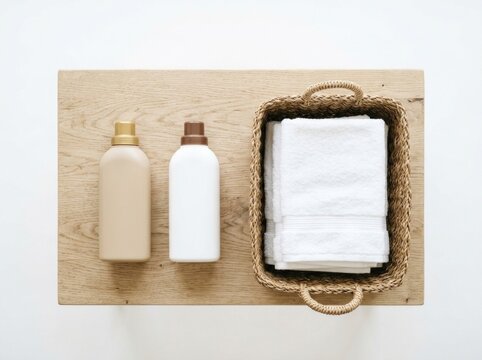 Detergent bottles and wicker basket with folded white towels on oak surface in bright flat lay for household cleaning advertising