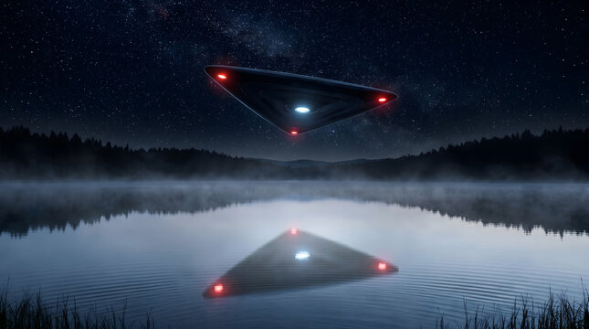 SFコンセプトとして巨大な黒い三角形のUFOが星空の広がる霧深い湖の上空で赤い光を放ちながら神秘的に浮遊している風景