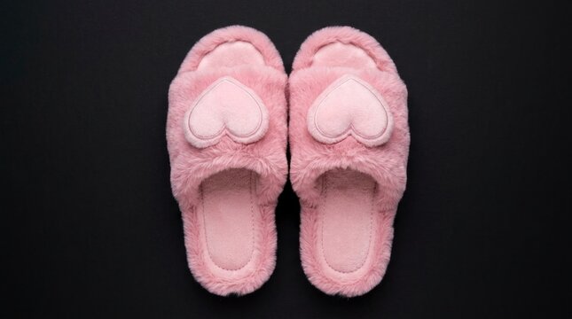 Pink plush heart slippers resting on a dark background with soft top-down lighting for feminine sleepwear retail marketing