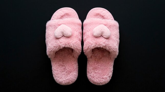 Soft plush pink slippers with heart embroidery centered on a black studio background in a minimalist top-down view for fashion retail