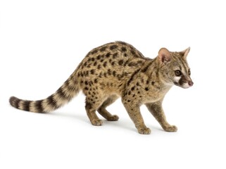 Fototapeta premium Common genet feline carnivore walking on white background with sharp focus and studio lighting for zoology and wildlife educational marketing