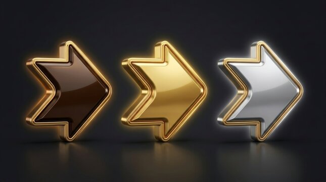 Directional navigation icons in bronze gold and silver finishes glowing on a dark surface for mobile game interface design
