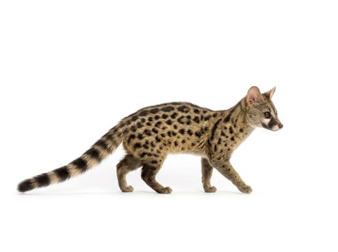 Small spotted genet walking in profile on white background with sharp focus for natural history publishing