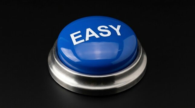 Glossy blue easy button with metallic rim on a dark background in sharp studio focus for user experience and business productivity advertising