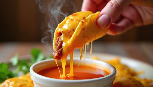 Hand dips cheesy taco into hot broth. Steam rises from juicy beef and melted cheese. Delicious quesabirria meal ready for eating. Authentic mexican cuisine served fresh.