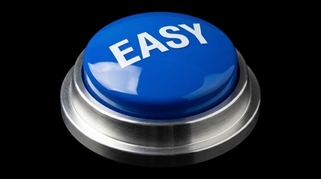 Glossy blue easy button positioned on a dark background with sharp macro focus for problem solving and business simplicity marketing campaigns
