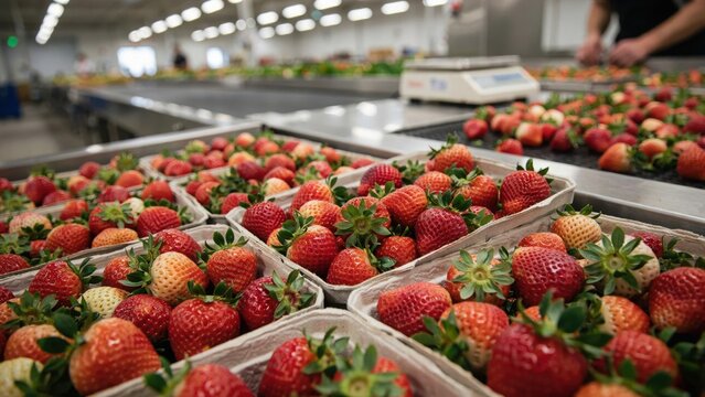 Fresh strawberries packed in containers on a conveyor belt in a food processing and packaging plant.