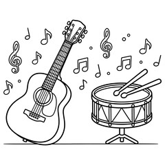 Naklejka premium Acoustic guitar and snare drum with drumsticks surrounded by musical notes black and white coloring page