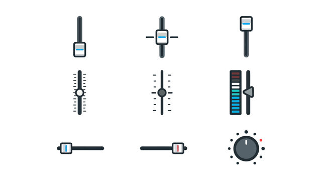 Diverse set of UI control icons including vertical sliders, horizontal faders, and a volume knob on an isolated white background.