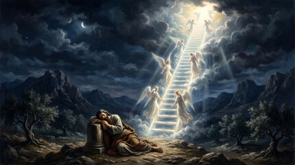 Obraz premium Jacob sleeping with head on stone while angels ascend stairway to heaven in dream. Biblical narrative of divine connection and spiritual vision. Religious art depicting holy encounter at night.