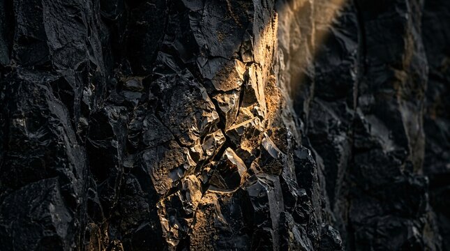 Macro texture of massive rugged cliff face, featuring deeply cracked weathered dark obsidian stone illuminated by warm magical sunlight.