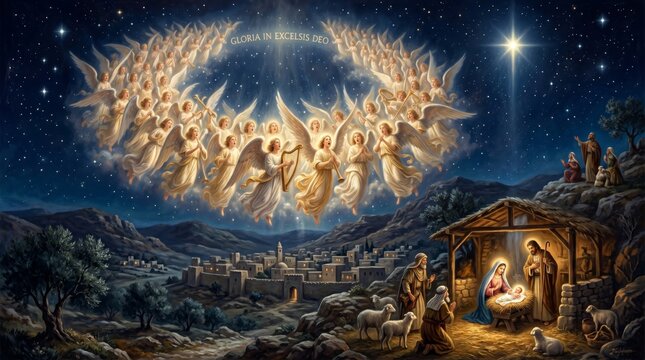 Nativity scene with baby Jesus, Mary and Joseph in a stable under the star of Bethlehem. Singing angels in the night sky. Biblical religious illustration for Christmas celebration.