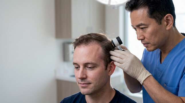 Cosmetic surgery concept, a trichologist examines a patient's scalp, copy space for text, a dermatologist for the treatment and prevention of hair and scalp diseases