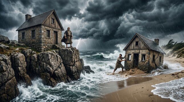 Wise man standing on a rock cliff and foolish man pushing house on sand during storm. Biblical parable of the wise and foolish builder. Metaphor for foundation and spiritual wisdom.