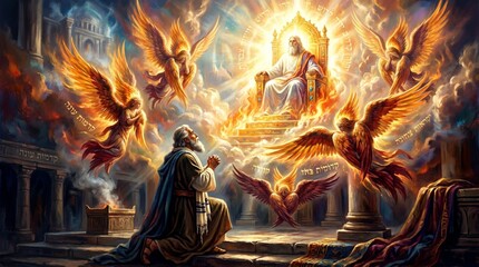 Obraz premium Elderly man praying before God sitting on golden throne in heaven. Biblical scene with winged angels surrounding divine light. Spiritual religious concept of faith and worship illustration.