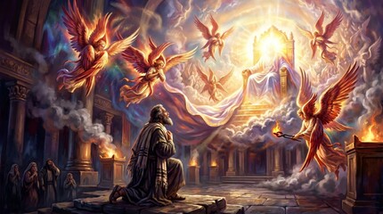 Obraz premium Man praying before the throne of God in heaven surrounded by seraphim angels. Biblical scene of visionary encounter with divine glory. Religious illustration of faith and holiness.