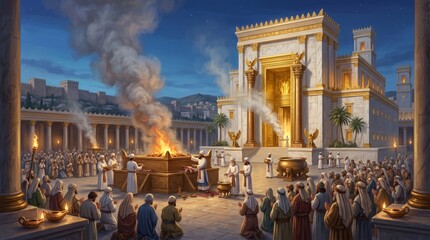 Fototapeta premium Ancient Jewish priests performing sacrifice on altar before Jerusalem temple. People gathered in courtyard for prayer and worship. Historical biblical scene, religious ritual, faith tradition.