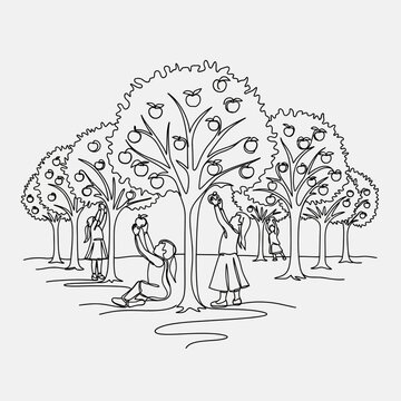 Continuous line drawing of people picking apples from trees