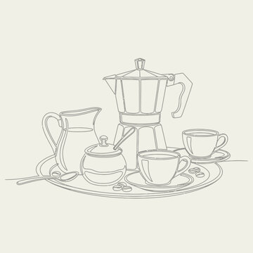 Coffee setup line art illustration on beige background