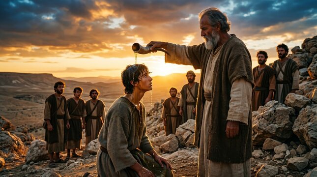 Prophet anointing young man with oil from horn. Biblical scene of spiritual tradition in desert. Religious ritual of blessing and leadership designation. Ancient historical narrative.
