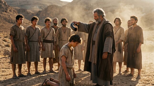 Priest pouring oil on head of young man to perform anointing ritual. Ancient biblical scene in desert. Religious tradition, spiritual transformation and sacred ceremony blessing concept.