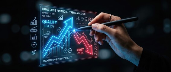 A hand holding a digital pen interacts with a dynamic financial trend analysis screen showcasing both upward and downward graphs that illustrate quality and cost metrics.
