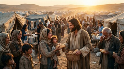 Fototapeta premium Jesus feeding hungry refugees with bread in a camp. Compassionate man sharing food with poor woman and child. Humanitarian aid in crisis zone. Symbolic religious scene of kindness.
