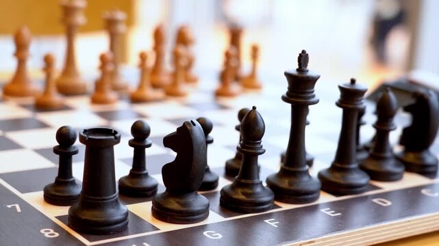 Close-up of black and white chess pieces on a wooden board. Shallow depth of field highlights game setup details. Ideal for educational content and game strategy demonstrations