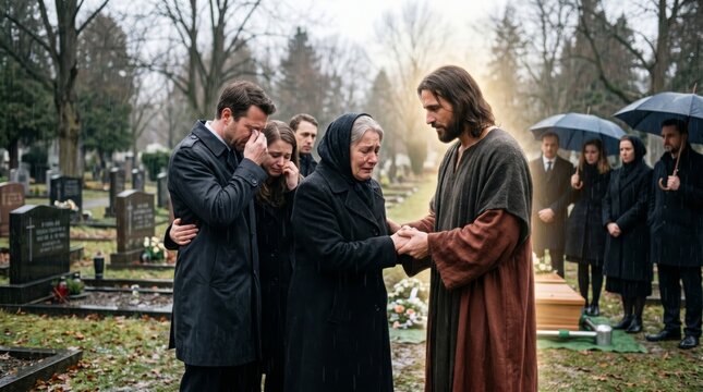 Jesus Christ comforting a grieving woman and family at a cemetery funeral. Divine figure offering spiritual support and hope during mourning at a rainy graveside burial ceremony.