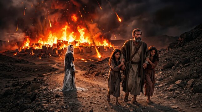 Man, woman and children fleeing burning ancient city. Biblical scene of Sodom and Gomorrah destruction. Refugee family escaping disaster. Dramatic historical conflict, chaos and survival.