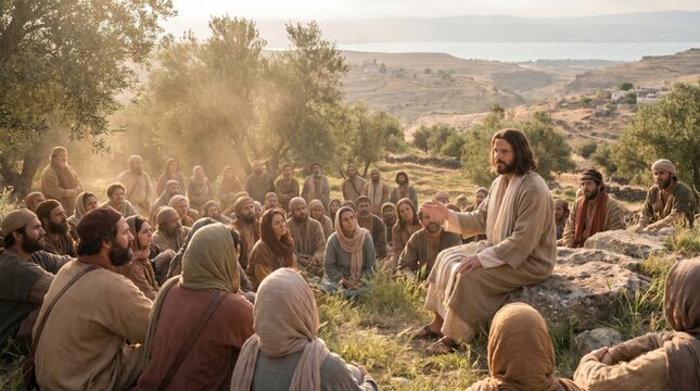 Jesus sitting on rock and preaching to group of followers. Man teaching crowd of woman and man in biblical landscape. Spiritual gathering, religious scene, message of faith and love.