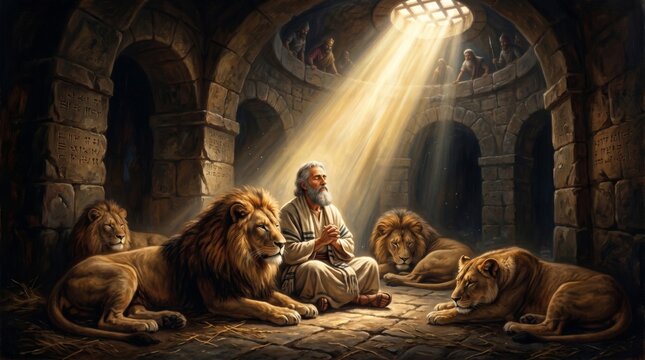 Man praying in lion den. Biblical scene of Daniel protected by god in stone prison. Religious story of faith, courage and divine miracle. Artistic depiction of ancient history.