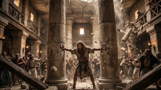 Samson pulling down the pillars of the temple. Powerful man pushing stone columns in ancient building. Biblical scene of strength and destruction. Historical drama religious allegory.